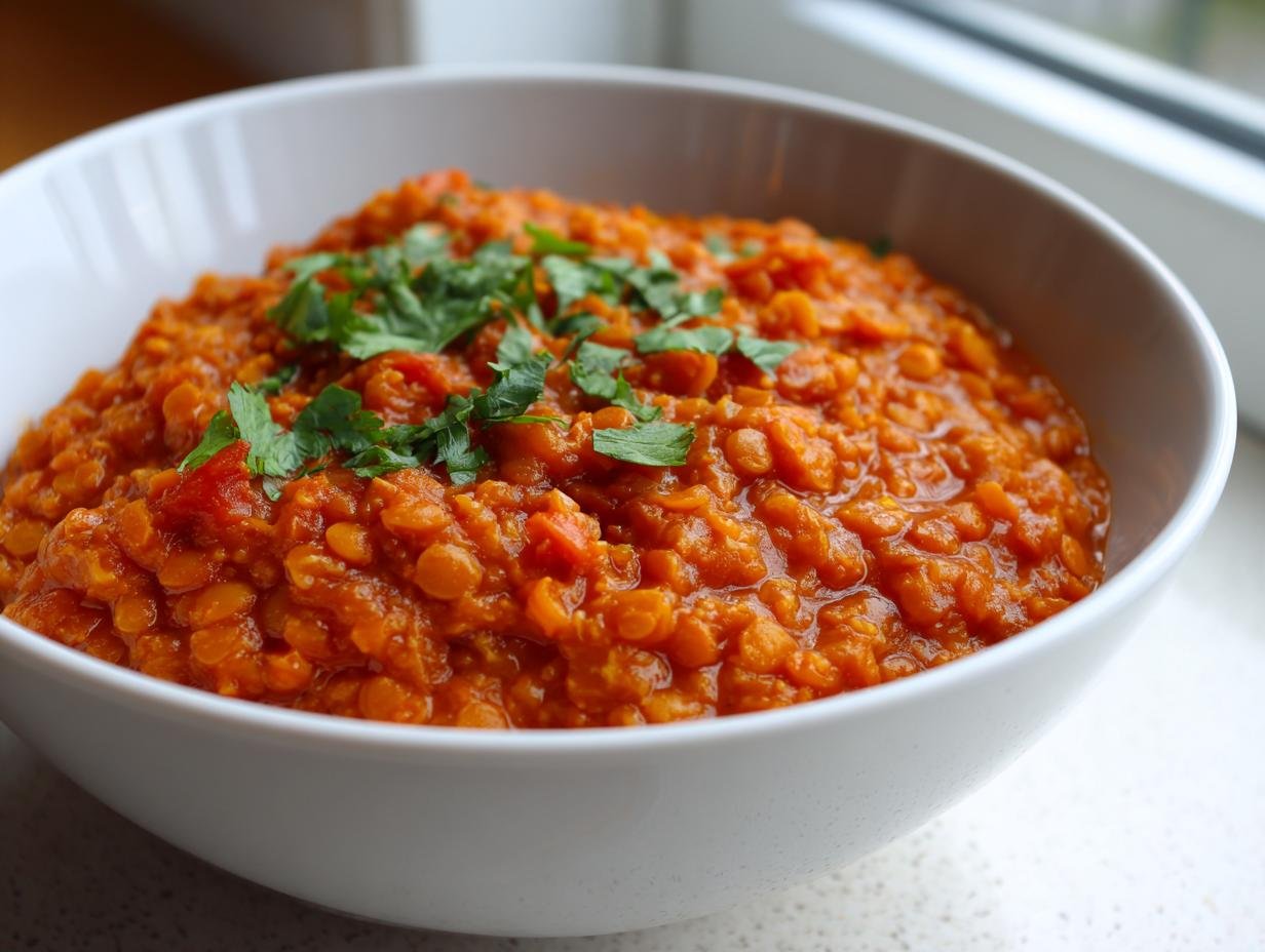 Close-up of a vibrant orange, thick Healthy Lentil Curry Recipe served in a white bowl and topped with fresh cilantro.