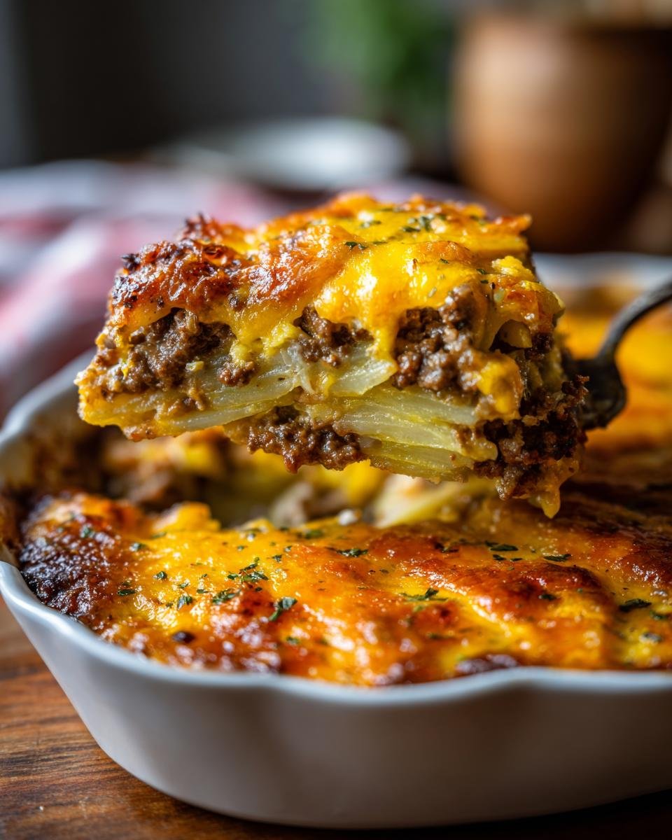 A serving spoon lifts a cheesy slice of Hearty Ground Beef Potatoes Casserole from a white baking dish.