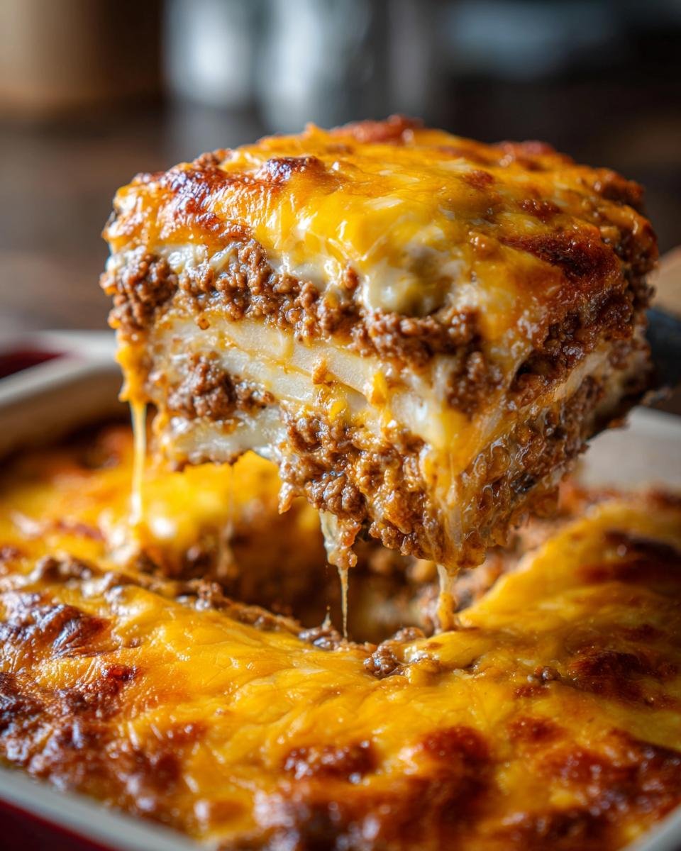 A spatula lifts a cheesy, layered slice of Hearty Ground Beef Potatoes Casserole from the baking dish.