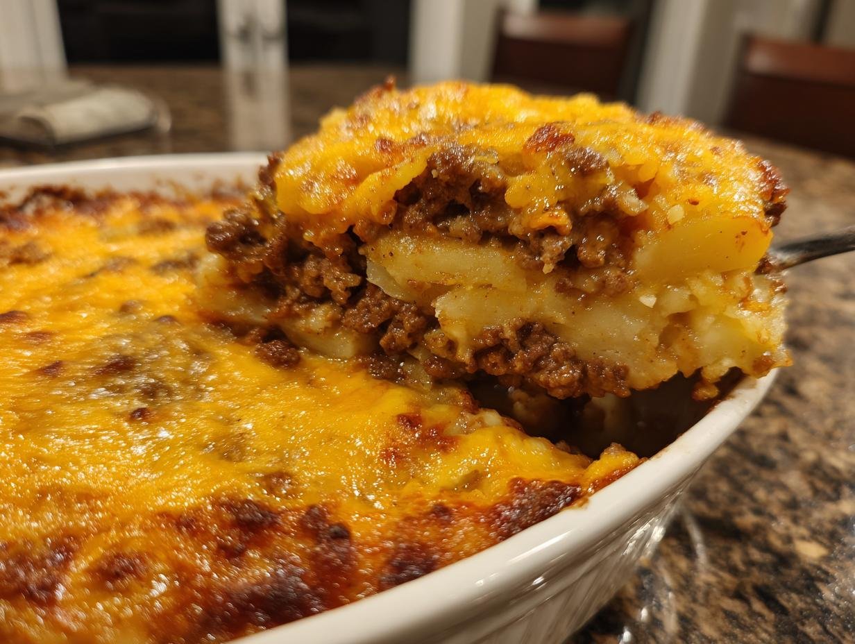 A spoonful being lifted from a baked Hearty Ground Beef Potatoes Casserole, showing layers of meat, potatoes, and melted cheese.