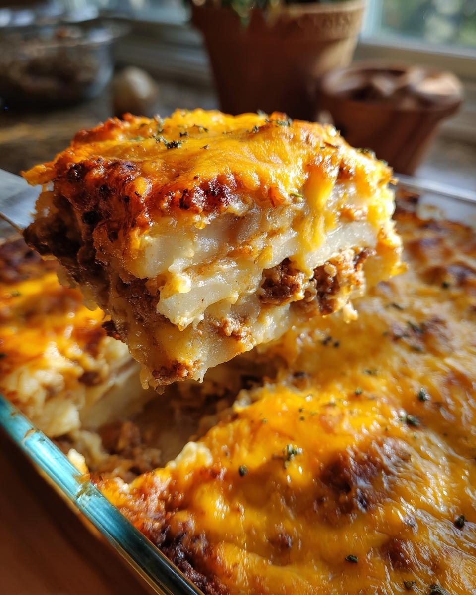 A generous slice being lifted from a pan of Hearty Ground Beef Potatoes Casserole, showing layers of potato, meat, and melted cheddar cheese.