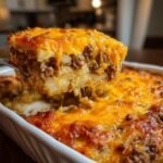 A serving spoon lifts a cheesy slice of Hearty Ground Beef Potatoes Casserole from a white baking dish.