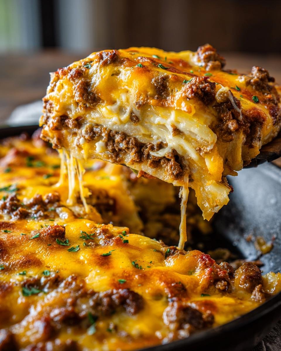 A lifted slice of Hearty Ground Beef Potatoes Casserole showing melted cheese and layers of meat and potatoes.
