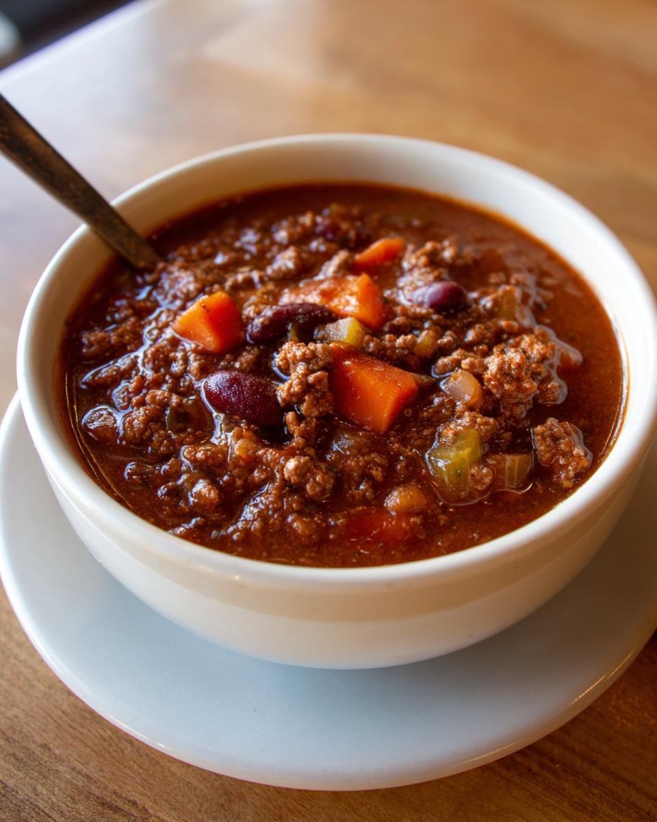 Close-up of a thick, rich Hearty Hobo Stew featuring ground meat, kidney beans, and chunks of carrot in a white bowl.