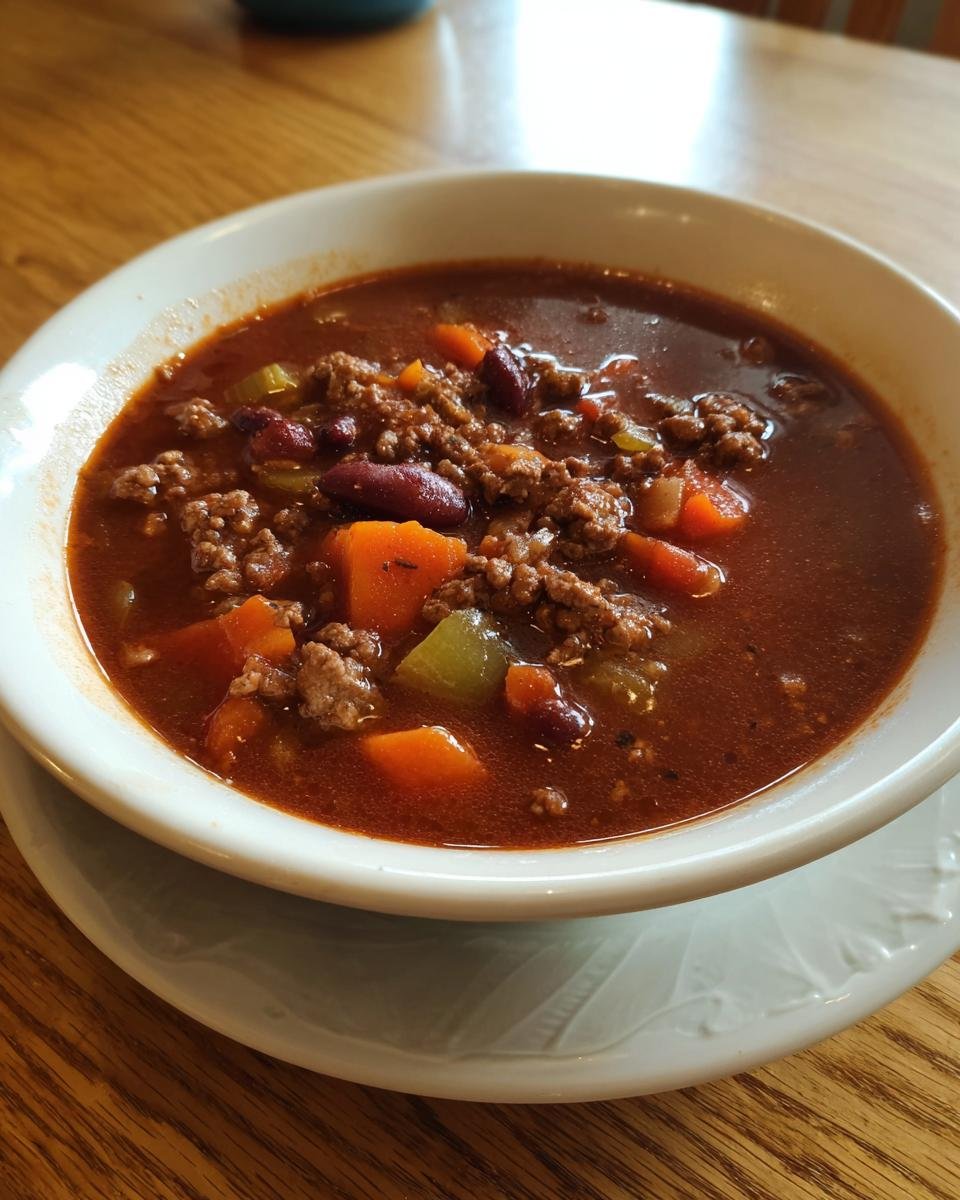 Close-up of a steaming bowl of Hearty Hobo Stew featuring ground beef, kidney beans, carrots, and celery in a rich broth.