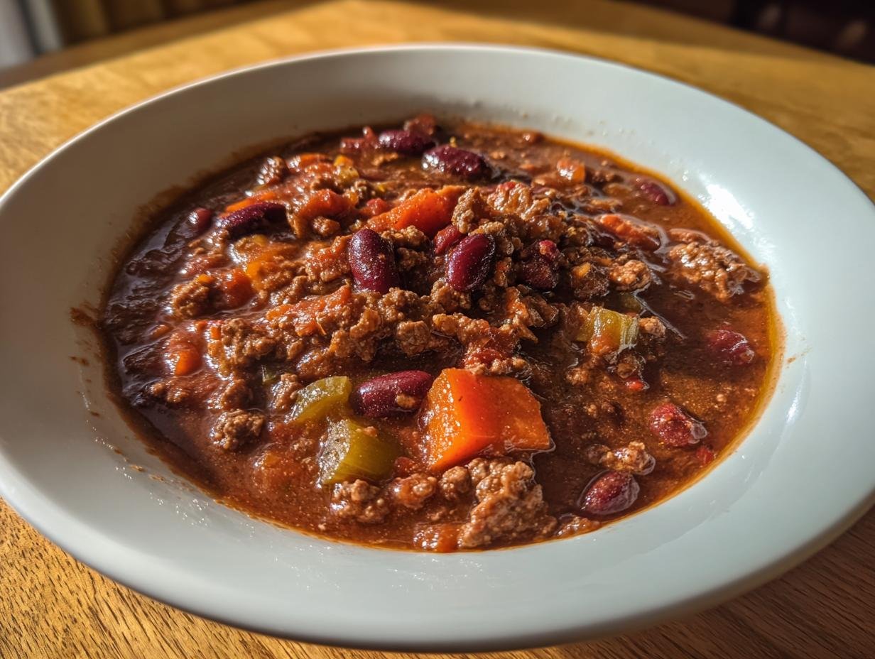 A close-up of a white bowl filled with rich, thick Hearty Hobo Stew featuring ground meat, kidney beans, and chunks of carrots.