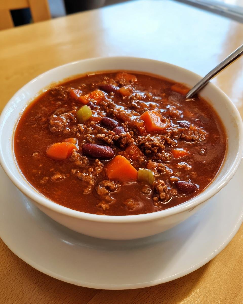 Close-up of a white bowl filled with rich, thick Hearty Hobo Stew featuring ground meat, kidney beans, and diced carrots.