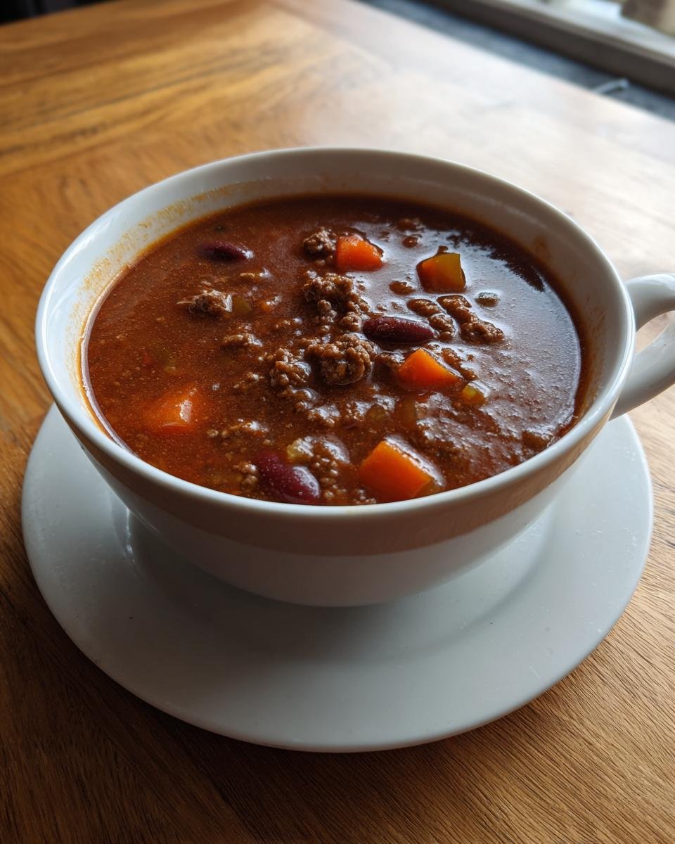 A close-up of a white bowl filled with rich, thick Hearty Hobo Stew containing ground meat, kidney beans, and chunks of carrot.