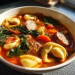 A close-up bowl of Hearty Sausage And Tortellini Soup featuring sausage slices, tortellini, spinach, and carrots in a rich broth.