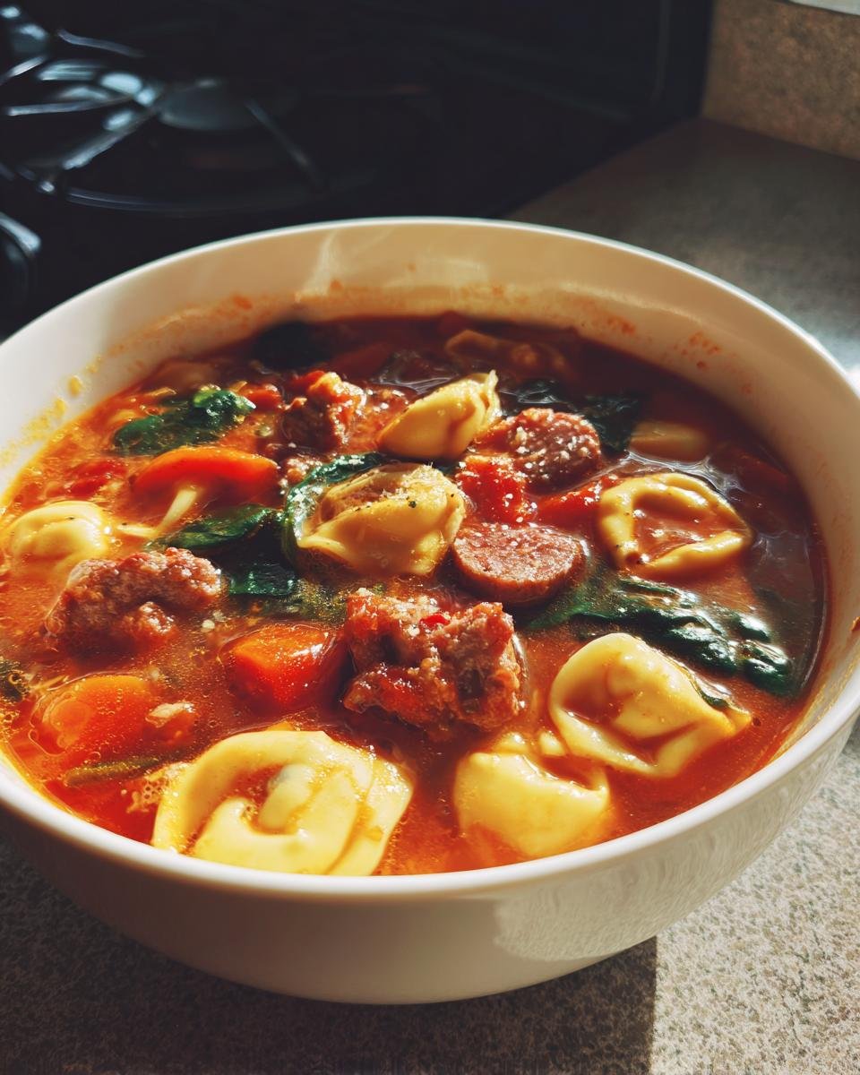 Close-up of a white bowl filled with Hearty Sausage And Tortellini Soup, rich in broth, sausage, and spinach.