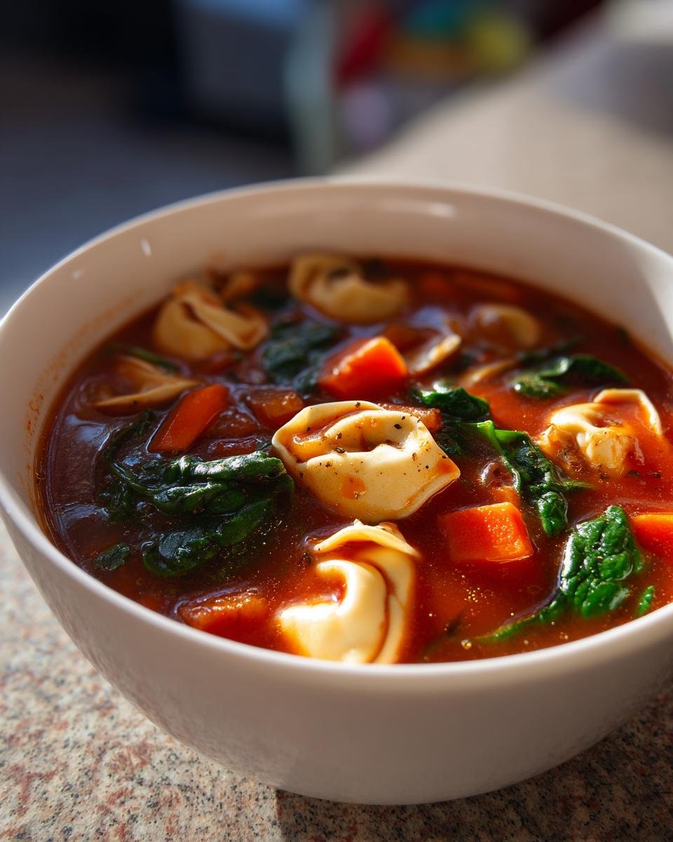A close-up of a white bowl filled with Hearty Sausage And Tortellini Soup, featuring tortellini, spinach, and carrots in a rich tomato broth.