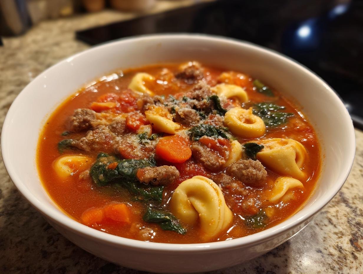 Close-up of a bowl of Hearty Sausage And Tortellini Soup with visible sausage crumbles, tortellini pasta, spinach, and carrots in a rich tomato broth.