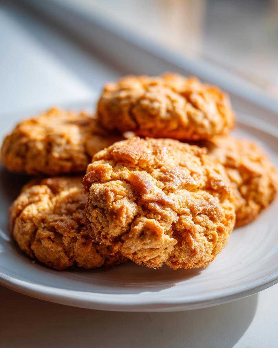 Close-up of several golden, textured homemade cheese crackers stacked on a white plate.