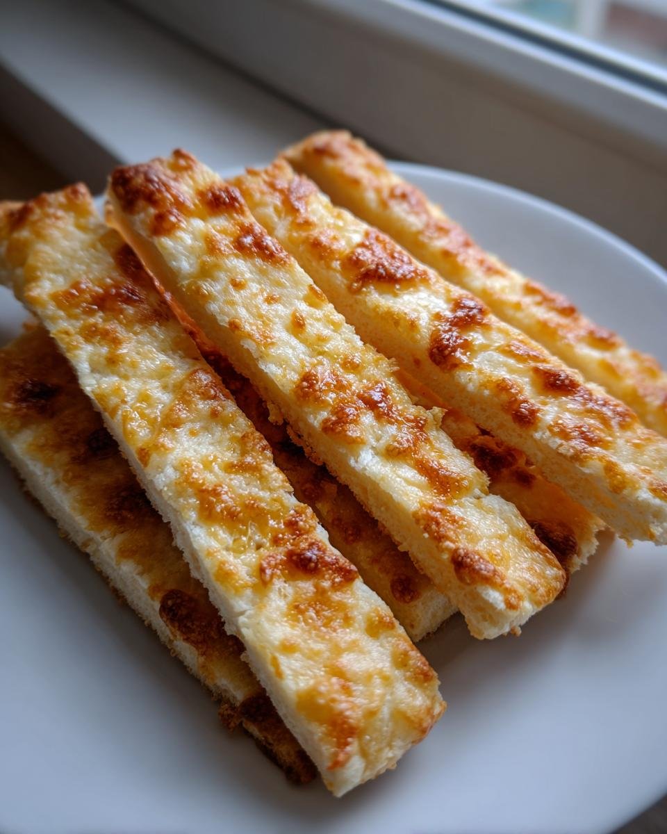 Close-up of golden-brown, baked Irresistible Homemade Cheese Crackers Recipe cut into sticks on a white plate.
