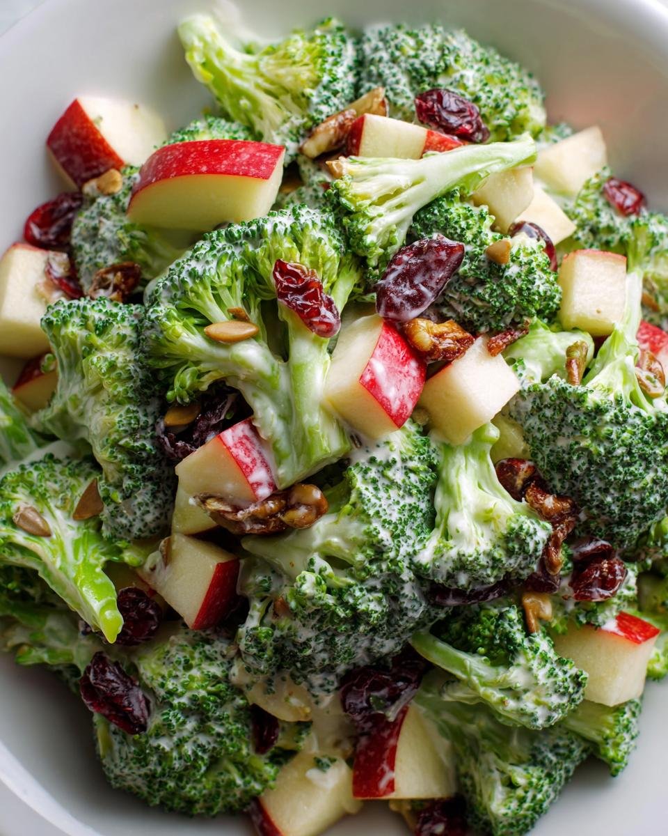 A close-up view of the Irresistible Honeycrisp Apple Broccoli Salad featuring creamy dressing, bright green broccoli florets, and diced red-skinned apples.