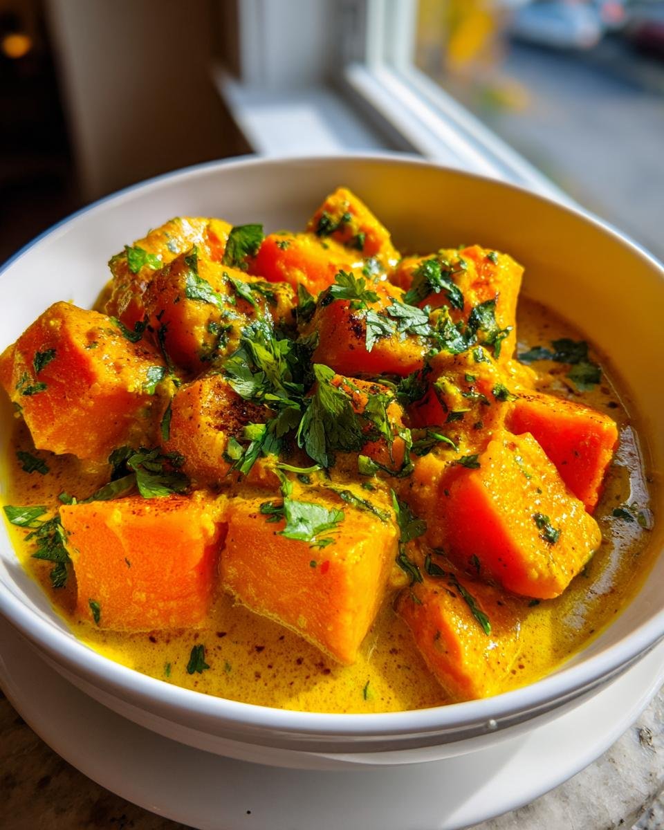 Close-up of chunks of orange pumpkin in a rich, yellow Indian Pumpkin Curry, garnished with fresh cilantro.