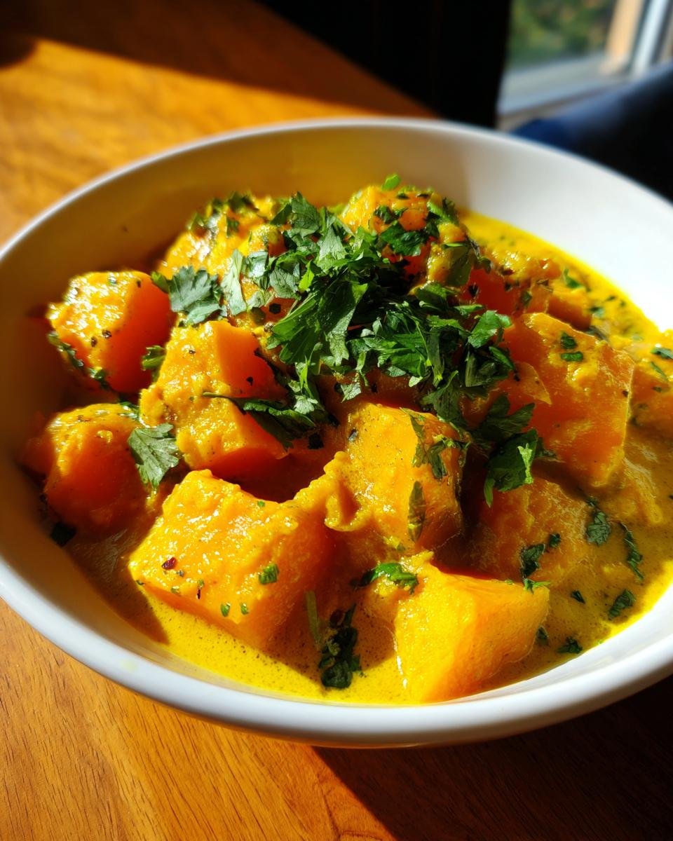 Close-up of a rich, yellow Indian Pumpkin Curry with chunks of pumpkin and fresh cilantro garnish.