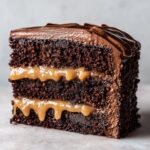 Close-up of a decadent slice of Indulgent Chocolate Caramel Cake Recipe with thick layers.