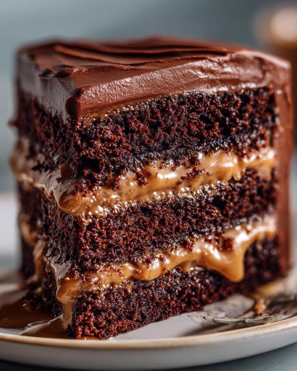 Close-up of a rich slice of Indulgent Chocolate Caramel Cake Recipe with dripping caramel filling.