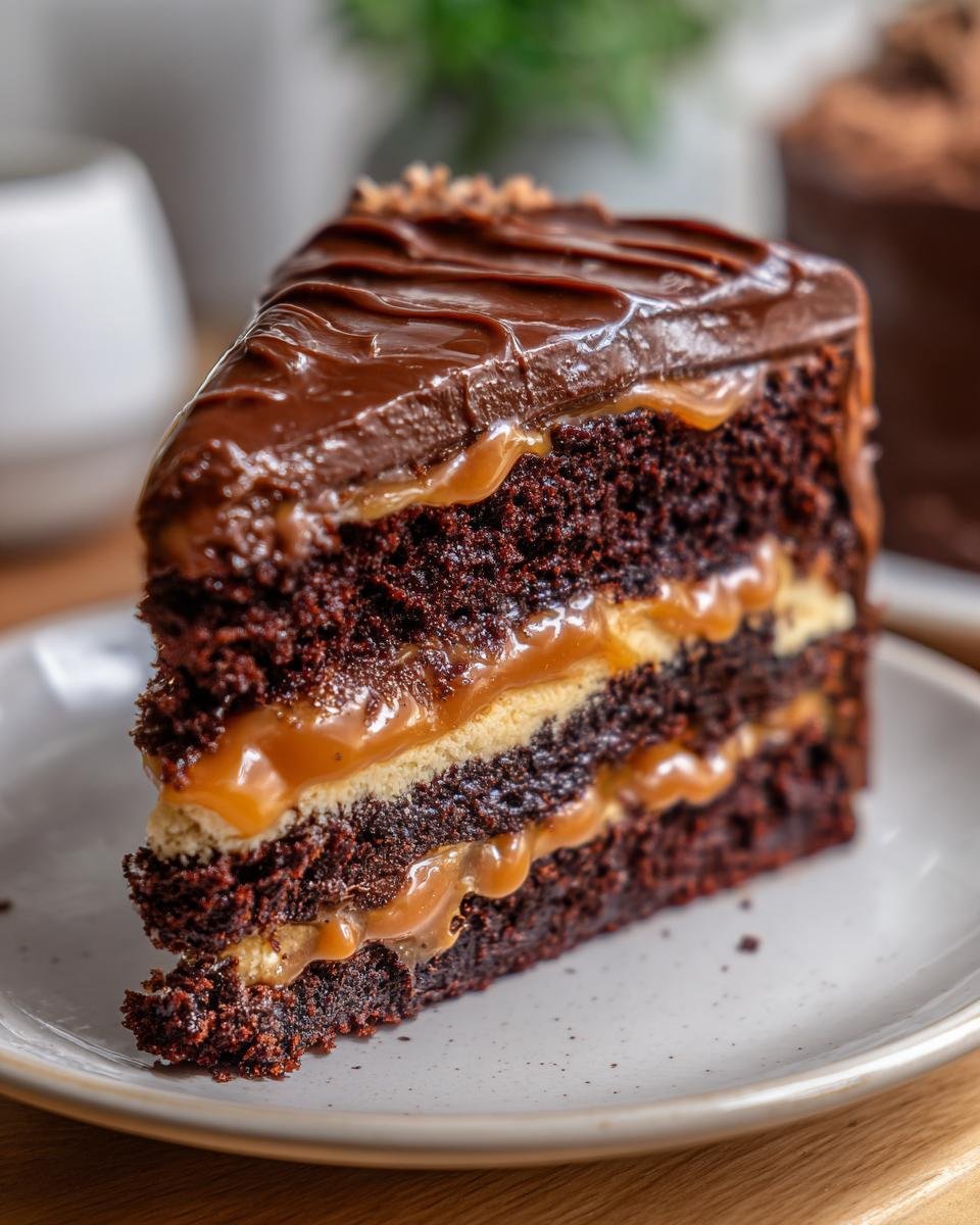 Close-up of a decadent slice of Indulgent Chocolate Caramel Cake Recipe with thick layers of dark chocolate cake and gooey caramel filling.