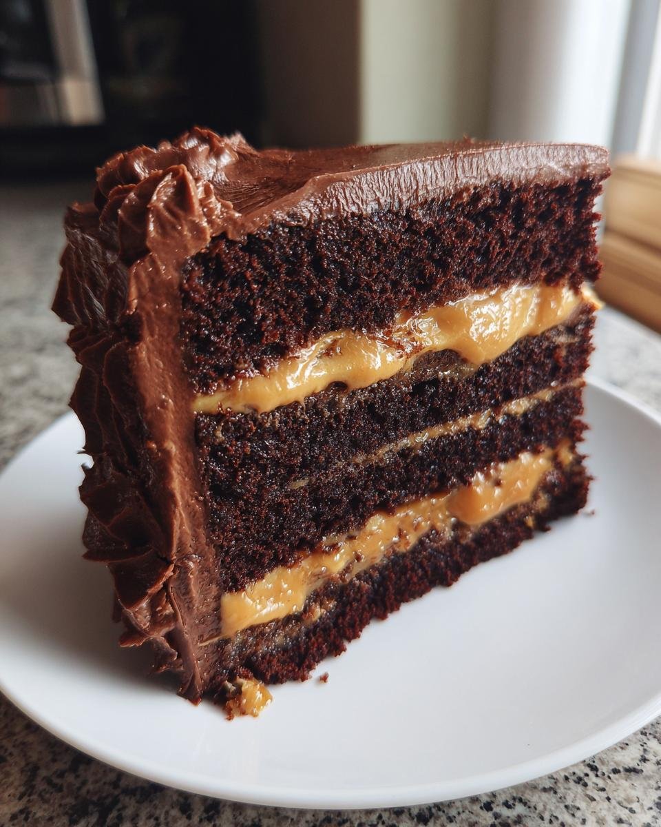 A decadent slice of three-layer chocolate cake filled with gooey caramel, frosted with chocolate buttercream.