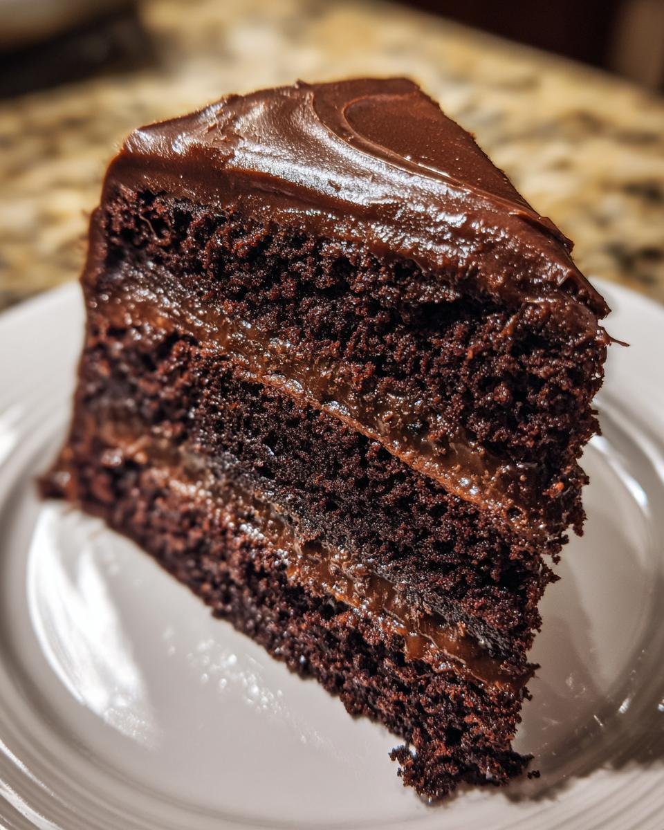 A close-up of a rich slice from the Indulgent Chocolate Caramel Cake Recipe, showing dark layers and caramel filling.
