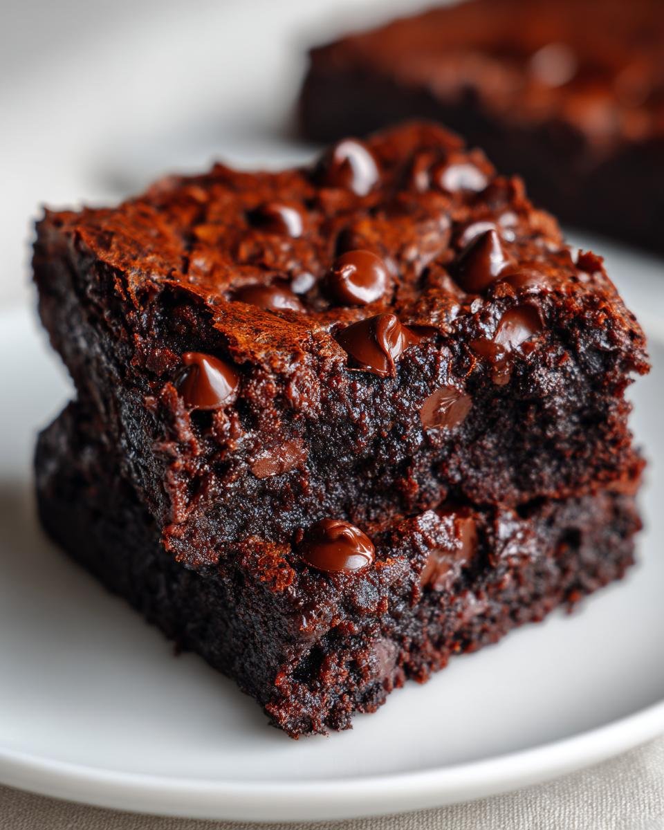 Close-up of two stacked, fudgy Indulgent Sweet Potato Brownies Healthy Dessert Delight topped with melted chocolate chips.