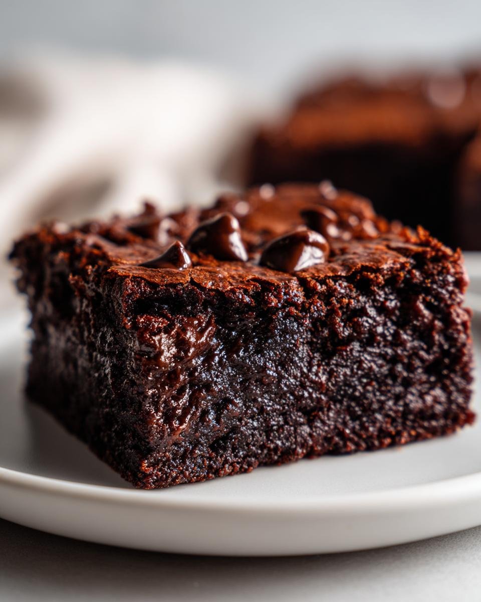 Close-up of a rich, fudgy square of Indulgent Sweet Potato Brownies Healthy Dessert Delight topped with melted chocolate chips.