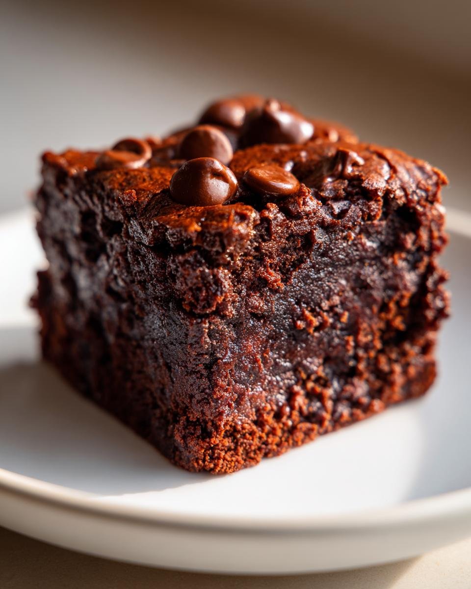 A single, rich, fudgy square of Indulgent Sweet Potato Brownies topped with chocolate chips.