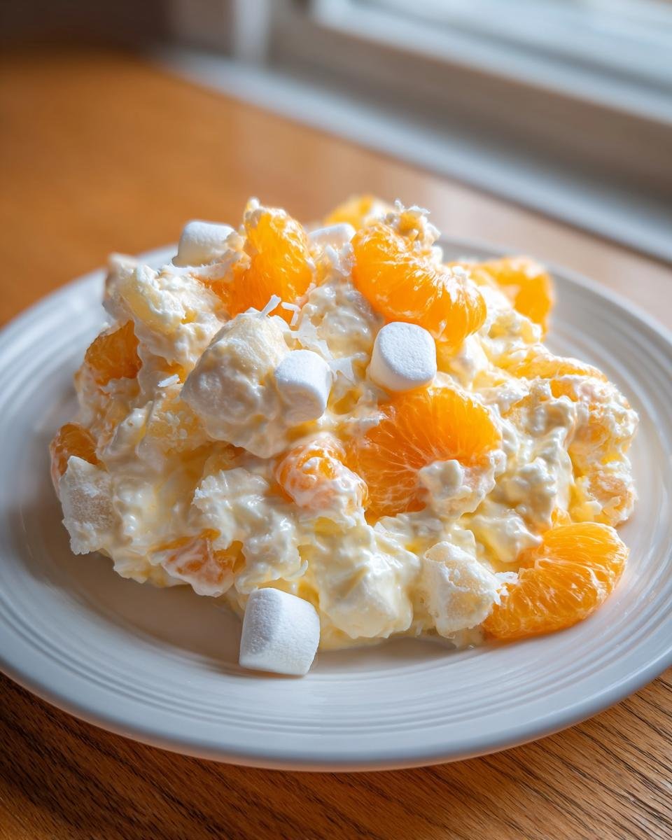 A scoop of creamy, sweet Irresistible Ambrosia Salad with mandarin oranges and mini marshmallows.