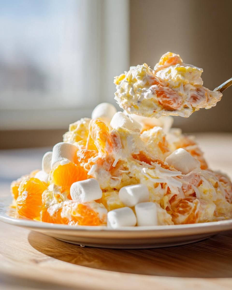 A spoonful of Irresistible Ambrosia Salad being lifted from a bowl filled with mandarin oranges, marshmallows, and creamy dressing.