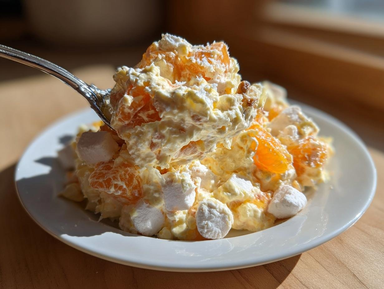 A spoonful of creamy, orange-filled Irresistible Ambrosia Salad recipe being lifted from a white plate.