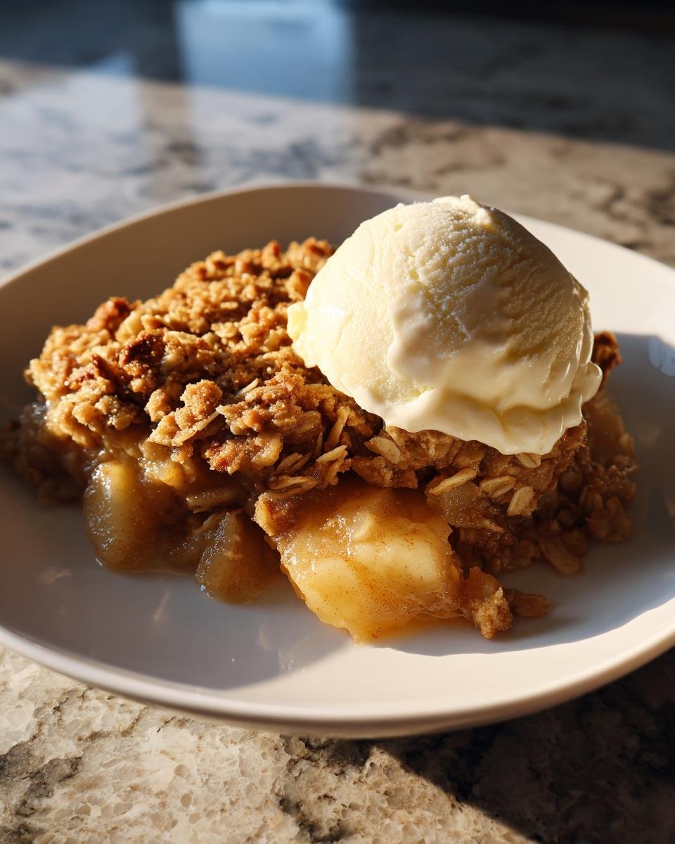 A serving of warm Irresistible Apple Crisp Recipe topped with a melting scoop of vanilla ice cream.