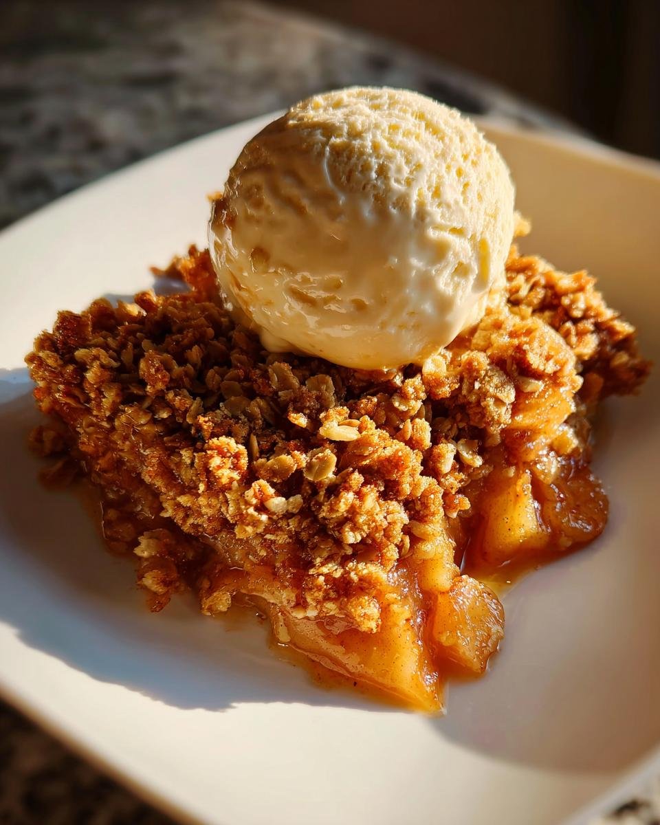 A warm slice of Irresistible Apple Crisp Recipe topped with a scoop of melting vanilla ice cream.