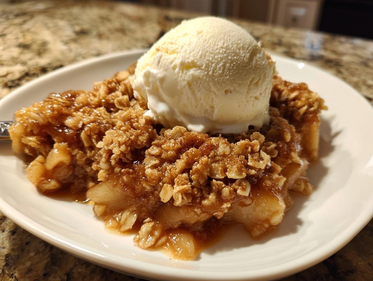 A warm serving of Irresistible Apple Crisp Recipe topped with a scoop of vanilla ice cream on a white plate.