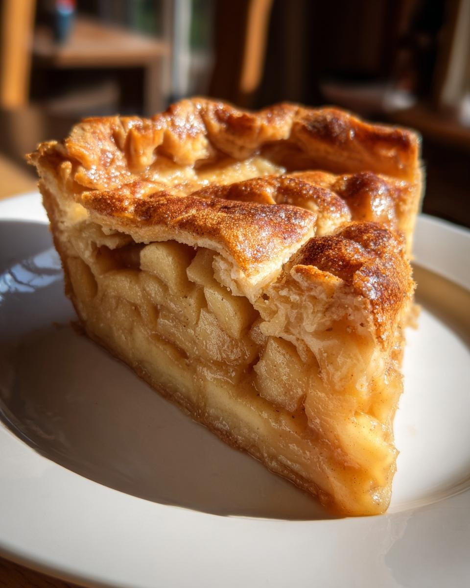 Close-up of a thick slice from an Irresistible Apple Galette Recipe showing flaky crust and chunky apple filling.