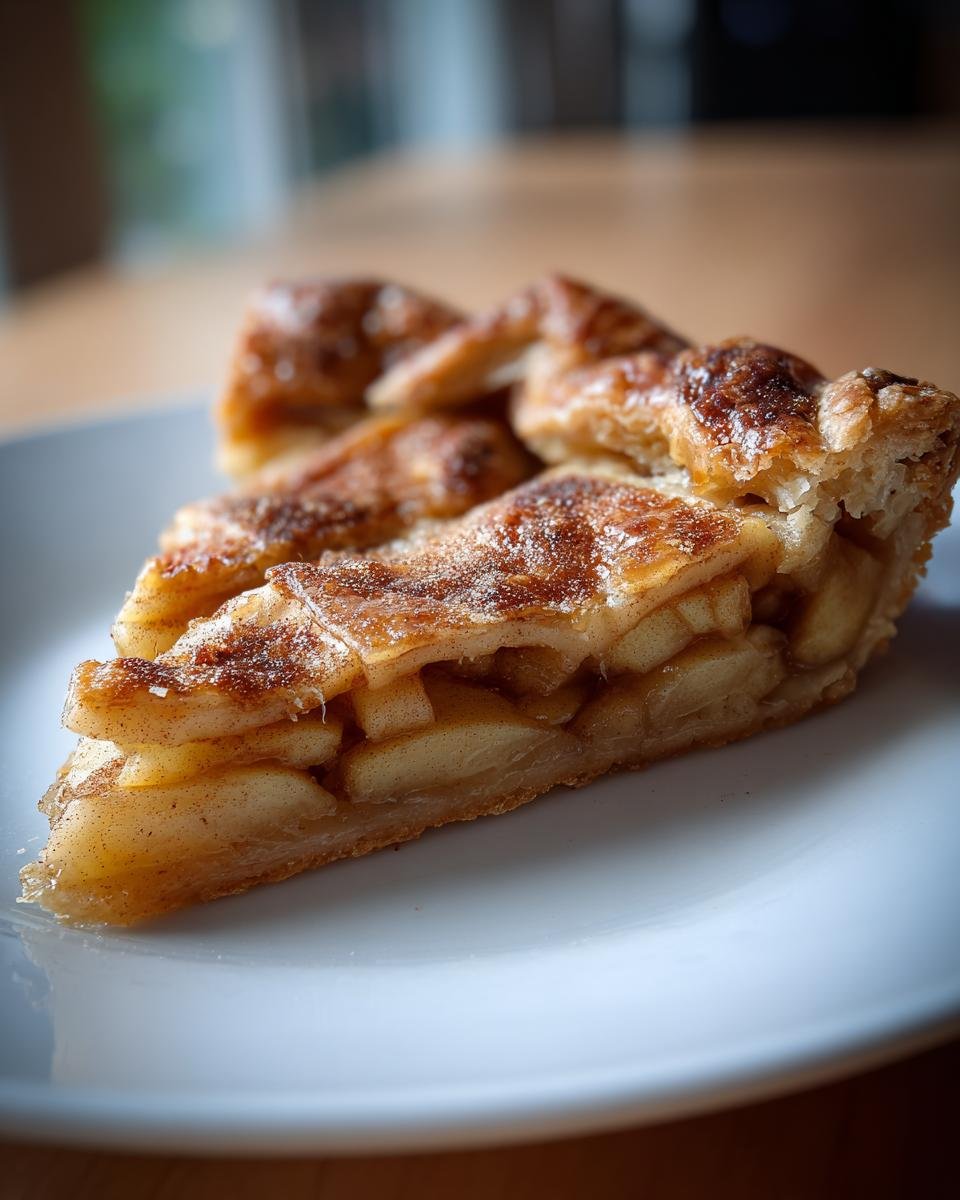 A close-up of a flaky slice of Irresistible Apple Galette, showing layers of spiced apples and a sugary crust.