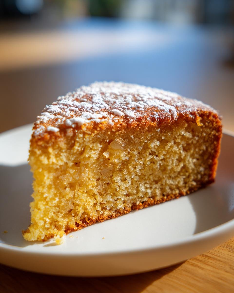 Close-up of a moist slice of Irresistible Applesauce Cake dusted with powdered sugar on a white plate.