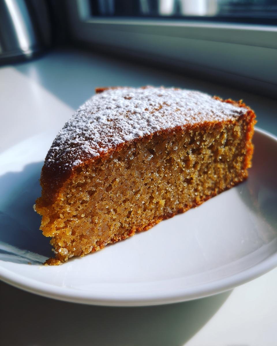 A close-up, sunlit slice of moist Irresistible Applesauce Cake dusted with powdered sugar on a white plate.