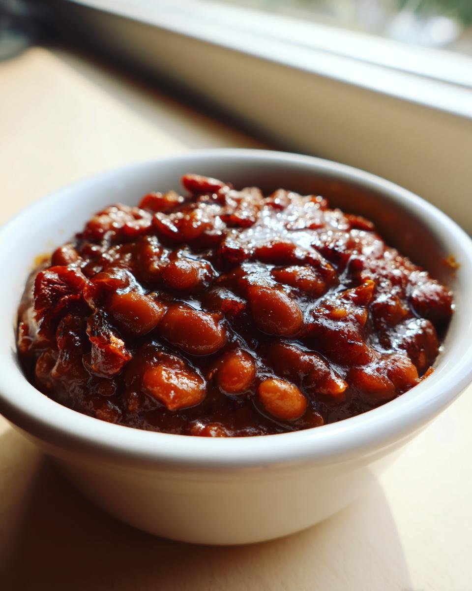 Close-up of a small white bowl filled with rich, glossy Irresistible Baked Beans Recipe.
