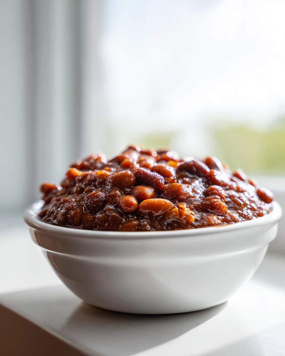 A close-up of a white bowl filled high with rich, glossy Irresistible Baked Beans Recipe.