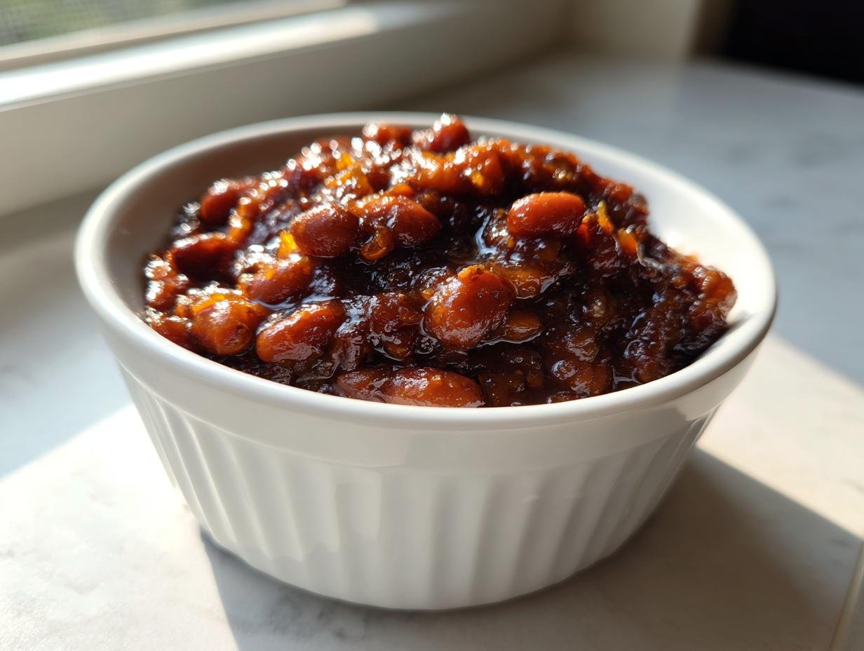 A close-up of rich, glossy, homemade Irresistible Baked Beans Recipe served in a small white ramekin dish.