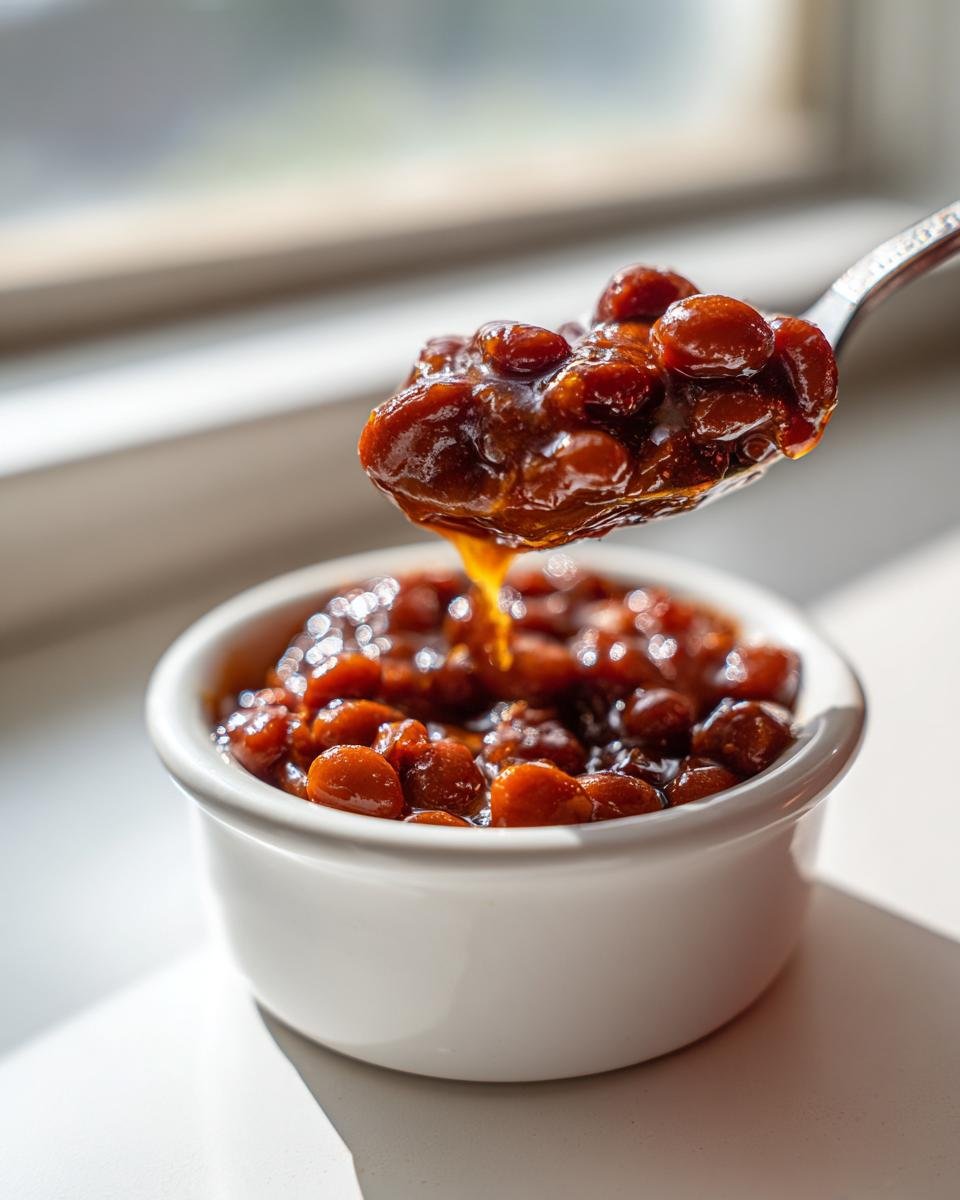 A spoonful of thick, glossy Irresistible Baked Beans Recipe being lifted from a small white bowl.