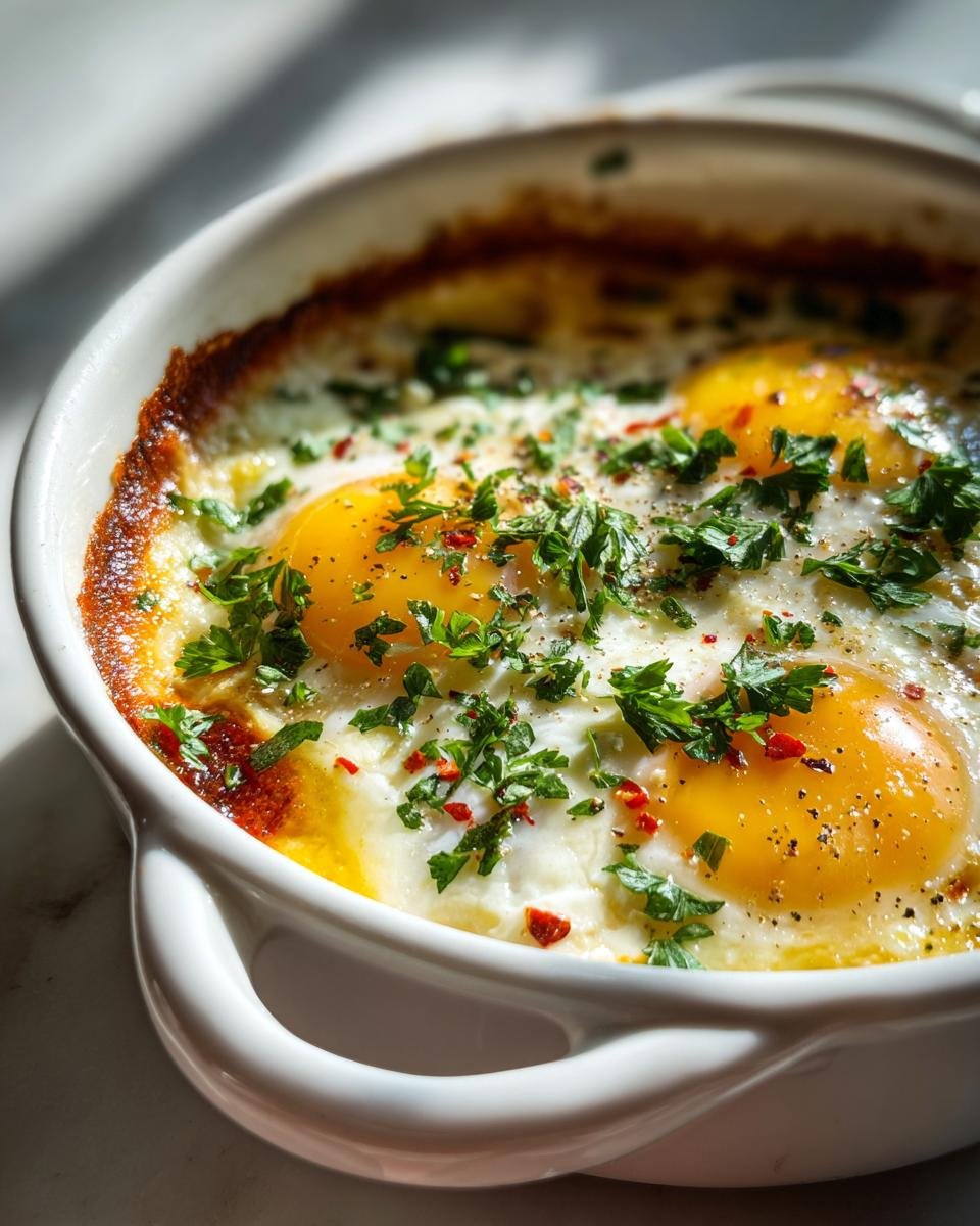 Close-up of Irresistible Baked Feta Eggs, topped with fresh parsley and chili flakes, baked in a white dish.