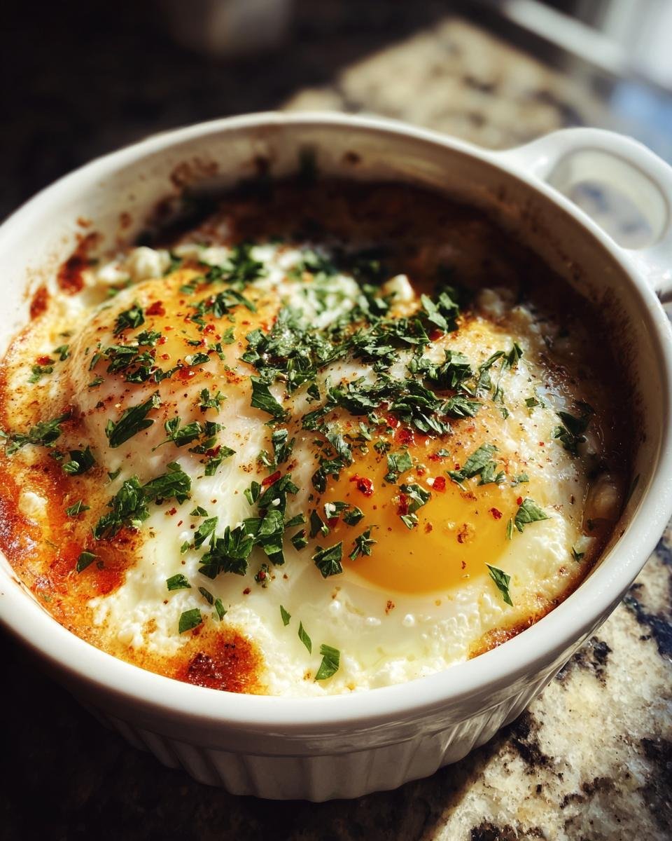 Close-up of Irresistible Baked Feta Eggs topped with fresh parsley and chili flakes in a white dish.