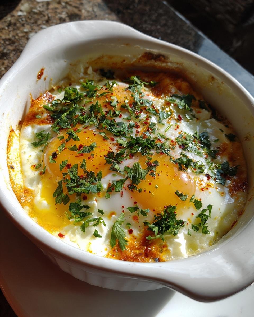 Close-up of Irresistible Baked Feta Eggs topped with fresh parsley and chili flakes in a white dish.