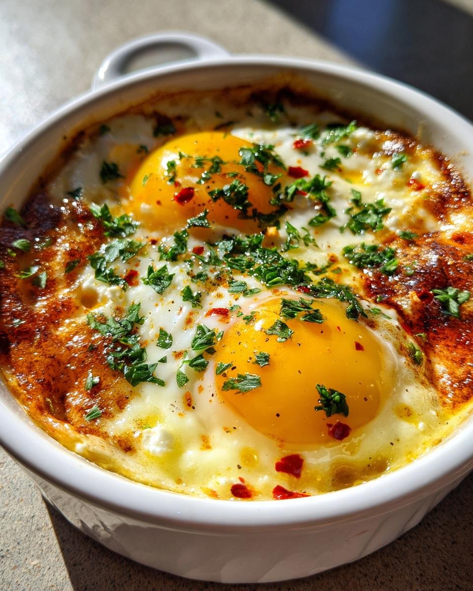 Two sunny-side-up eggs baked over feta, topped with parsley and chili flakes in a white ramekin.