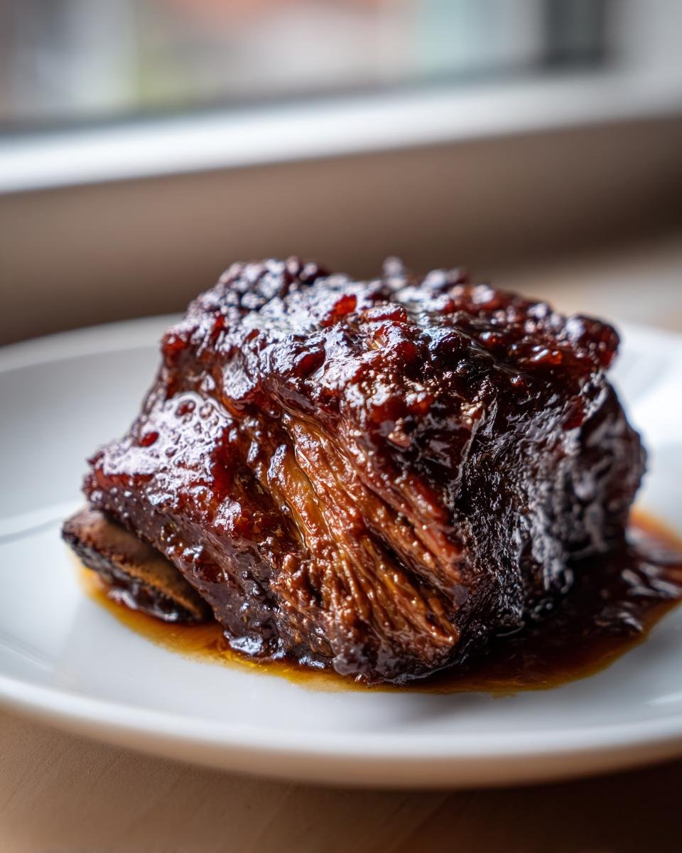 A single, tender short rib coated in a thick, dark, glossy glaze from the Irresistible Balsamic Bourbon Short Ribs Recipe.
