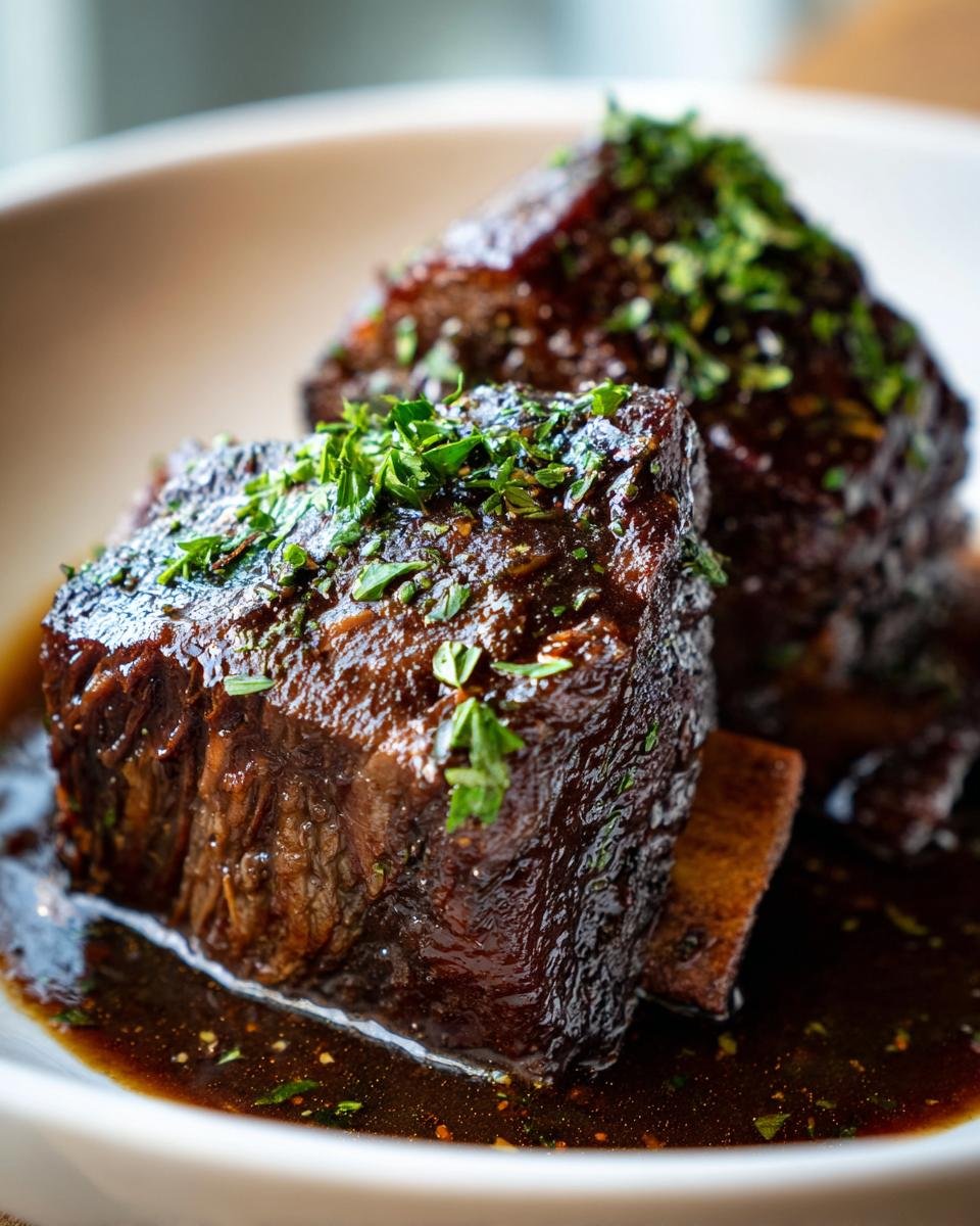 Close-up of tender Irresistible Balsamic Bourbon Short Ribs coated in a rich, dark glaze and topped with fresh parsley.