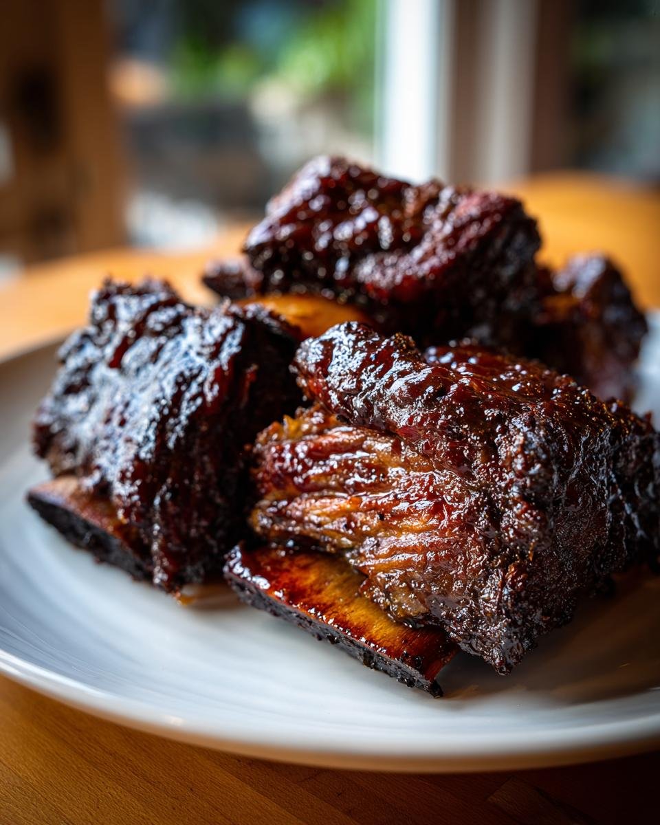 Close-up of tender, glazed Irresistible Balsamic Bourbon Short Ribs stacked on a white plate.